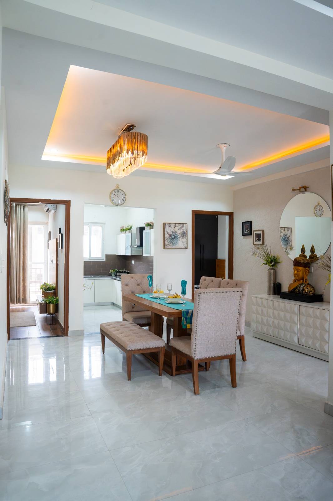 3 BHK open living and dining layout